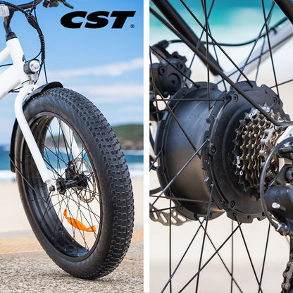 VALK Electric Fat Tyre Cruiser Bike, Step-Through eBike with Throttle, Tektro Hydraulic Brakes, White