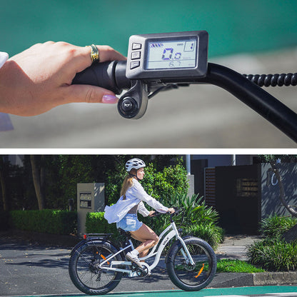 VALK Electric Fat Tyre Cruiser Bike, Step-Through eBike with Throttle, Tektro Hydraulic Brakes, White