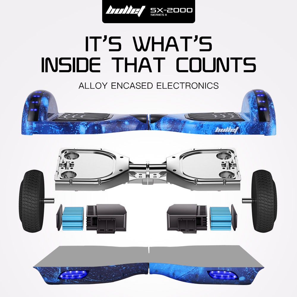BULLET SX-2000 Hoverboard Scooter, 500W Brushless, Superior Self Balancing System, UL Certified, LED Lights, Blue Galaxy