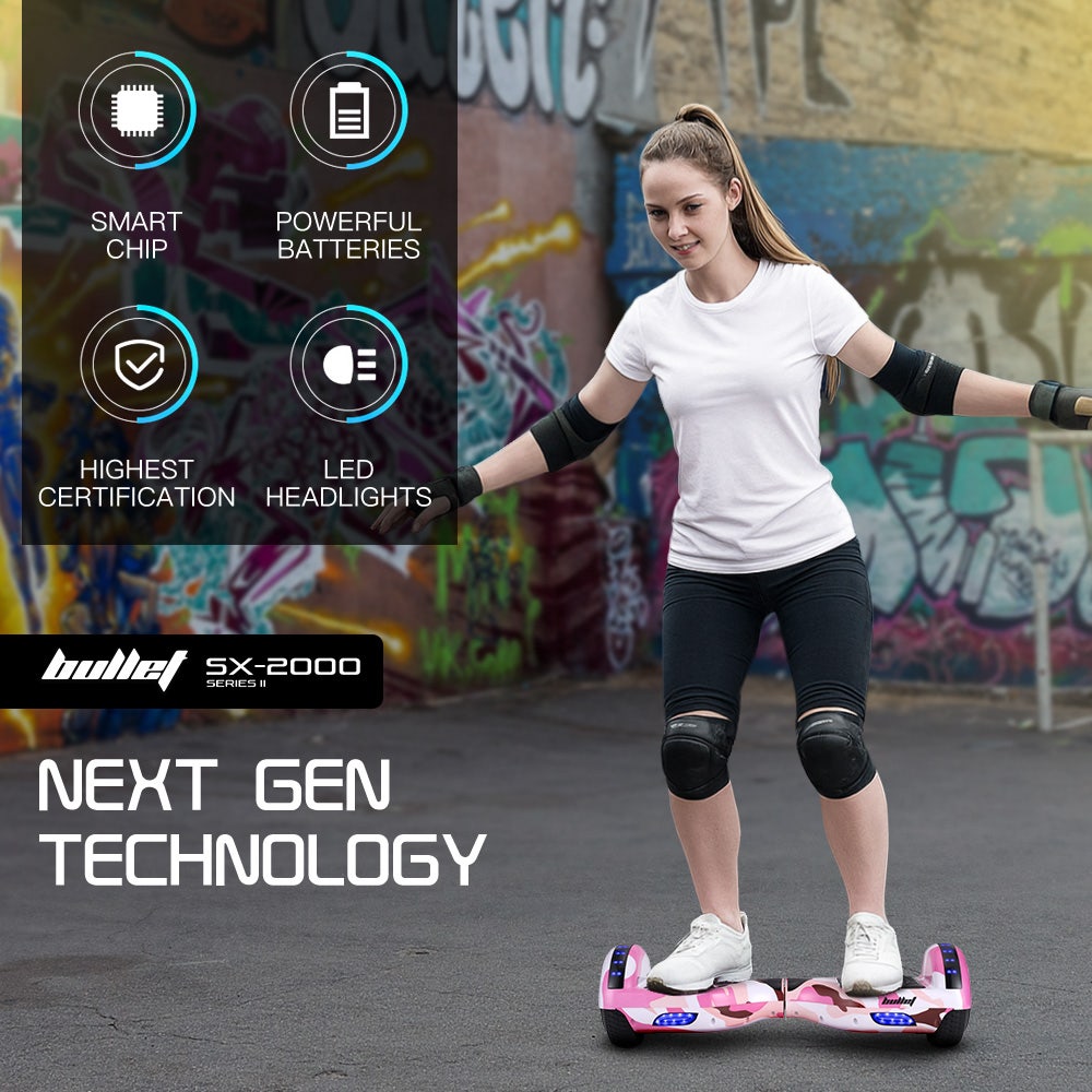 BULLET SX-2000 Hoverboard Scooter, 500W Brushless, Superior Self Balancing System, UL Certified, LED Lights, Pink Camo