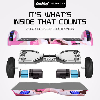 BULLET SX-2000 Hoverboard Scooter, 500W Brushless, Superior Self Balancing System, UL Certified, LED Lights, Pink Camo