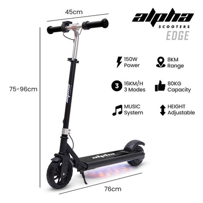 ALPHA Edge Electric Scooter, Kids & Teens, Adjustable Handlebars, 3 Speed Modes, Dual Foot E-Brake, Bluetooth Music, LED, Black