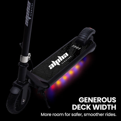 ALPHA Edge Electric Scooter, Kids & Teens, Adjustable Handlebars, 3 Speed Modes, Dual Foot E-Brake, Bluetooth Music, LED, Black