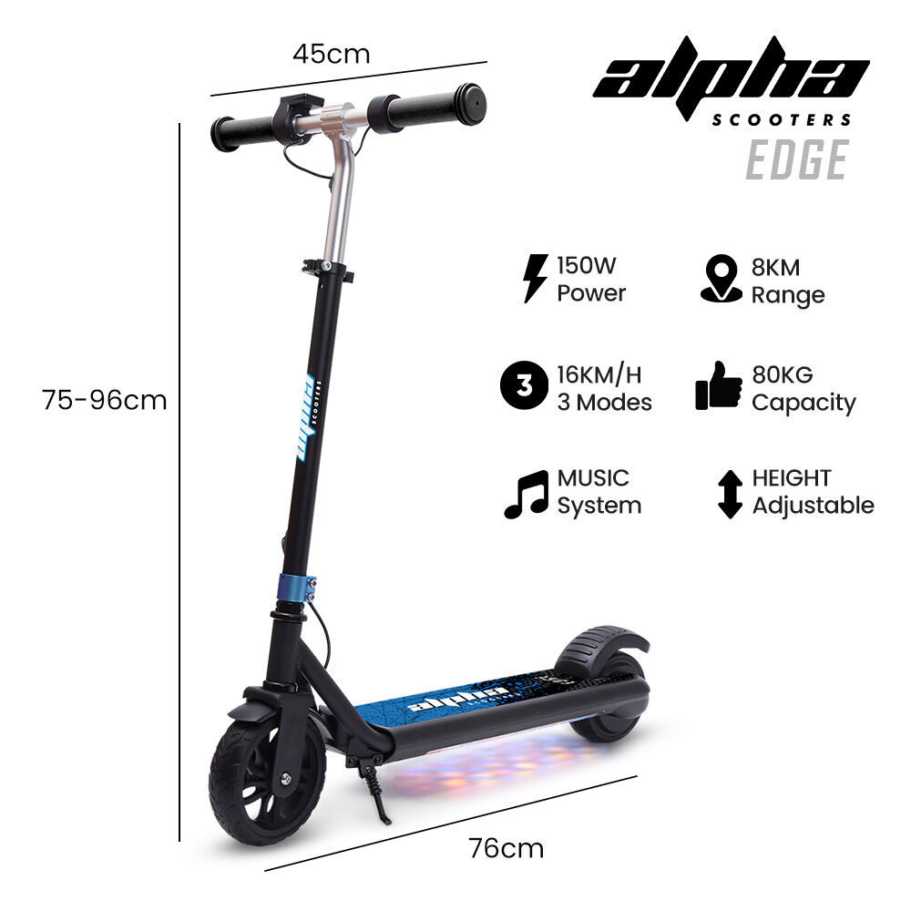 ALPHA Edge Electric Scooter, Kids & Teens, Adjustable Handlebars, 3 Speed Modes, Dual Foot E-Brake, Bluetooth Music, LED, Blue