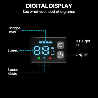 ALPHA Edge Electric Scooter, Kids & Teens, Adjustable Handlebars, 3 Speed Modes, Dual Foot E-Brake, Bluetooth Music, LED, Blue