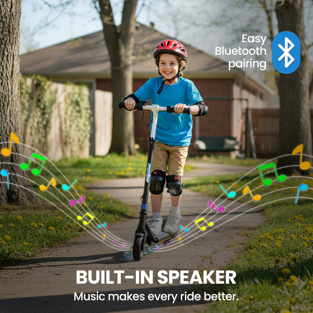 ALPHA Edge Electric Scooter, Kids & Teens, Adjustable Handlebars, 3 Speed Modes, Dual Foot E-Brake, Bluetooth Music, LED, Blue