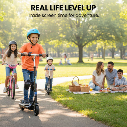 ALPHA Edge Electric Scooter, Kids & Teens, Adjustable Handlebars, 3 Speed Modes, Dual Foot E-Brake, Bluetooth Music, LED, Blue