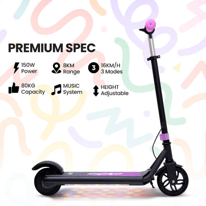 ALPHA Edge Electric Scooter, Kids Aged 6-12, Adjustable Height, 3 Speed Modes, Bluetooth, LED, Pink