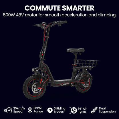 ALPHA Rover Electric Scooter with Seat, 500W 48V 25km/h 30km Range, 14-inch Tyres, Motorised Commuter eScooter for Adults, Black