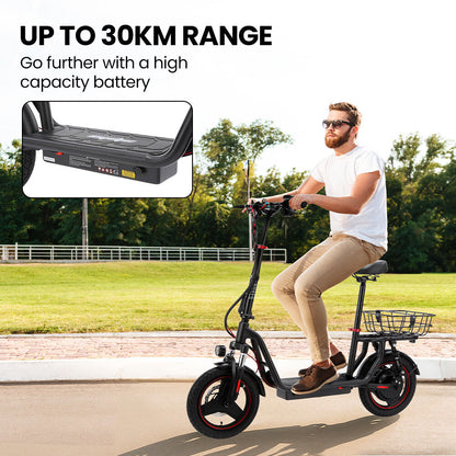 ALPHA Rover Electric Scooter with Seat, 500W 48V 25km/h 30km Range, 14-inch Tyres, Motorised Commuter eScooter for Adults, Black
