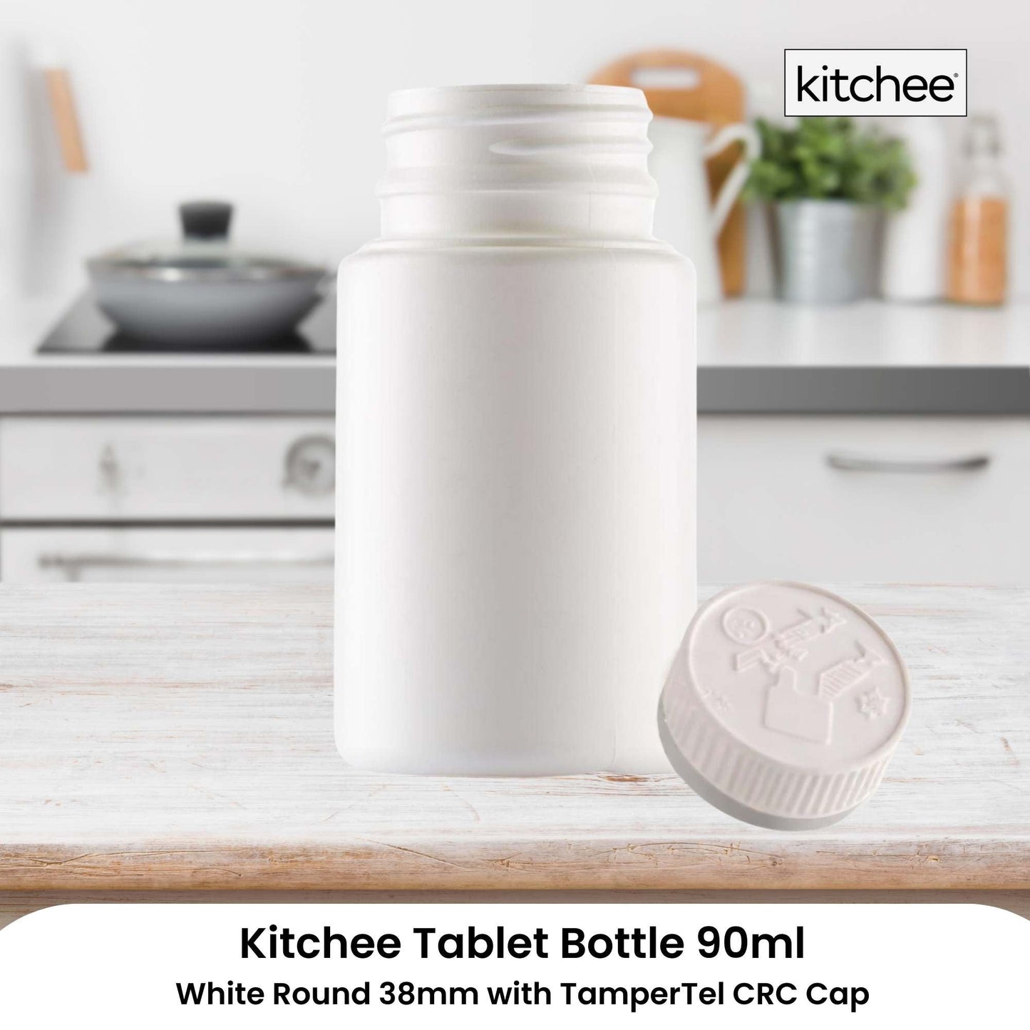 Kitchee 100x Tablet Bottles 90ml + 38mm TamperTel Child Resistant Cap - Round