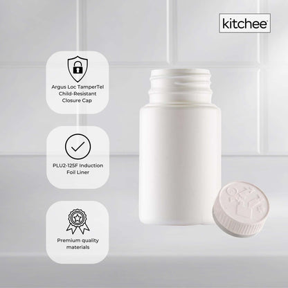 Kitchee 100x Tablet Bottles 90ml + 38mm TamperTel Child Resistant Cap - Round