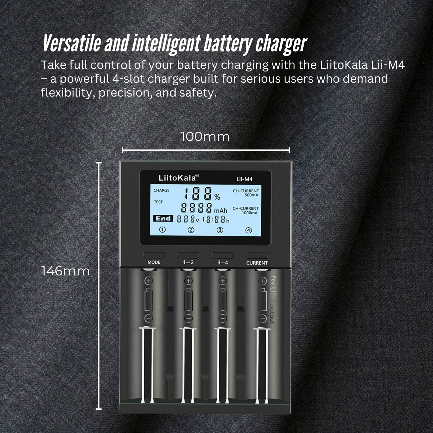 LiitoKala Lii-M4 Smart Battery Charger LCD - 4-Slot USB for 18650 AA AAA Li-ion