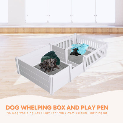 Rooster Farms PVC Dog Whelping Box + Play Pen 1.9m x .95m x 0.48m - Birthing Kit