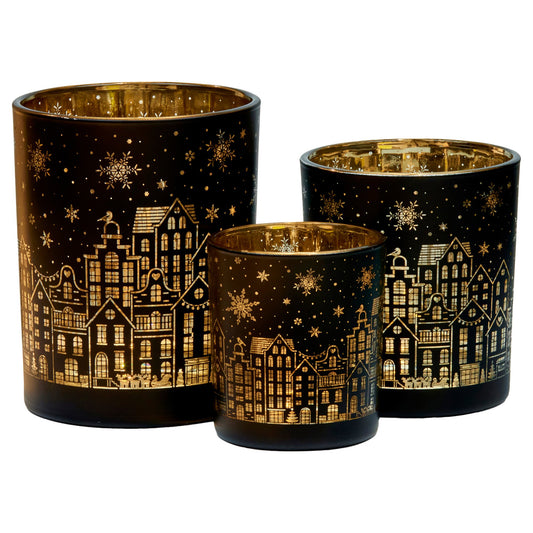 Christabelle Christmas Candle Jar Set Of 3 Black And Gold Holiday Candle Holders