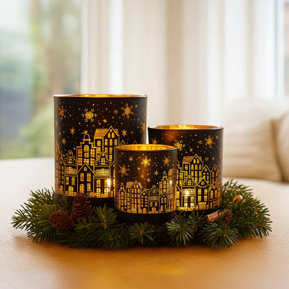 Christabelle Christmas Candle Jar Set Of 3 Black And Gold Holiday Candle Holders