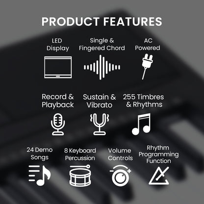 Karrera 61-key Electronic Led Keyboard 75cm Portable Piano In Black With Microphone Input, Headphone Output, 255 Timbres & Rhythms