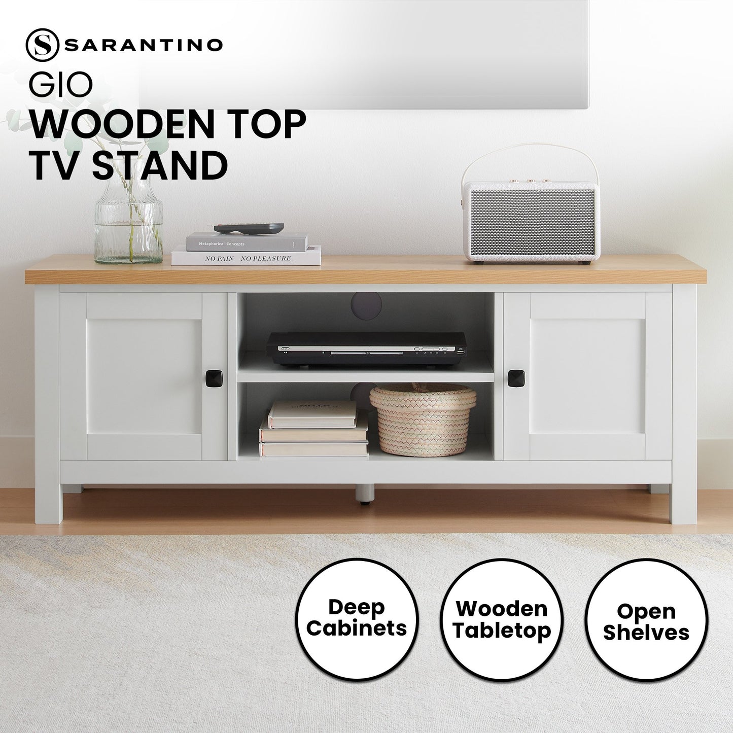 Sarantino Gio TV Entertainment Stand Cabinet Cupboard in White and Natural Wood Finish