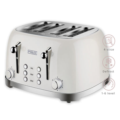 PHILEX 4-Slice Electric Toaster Bread Reheat Defrost Retro Retro IVORY
