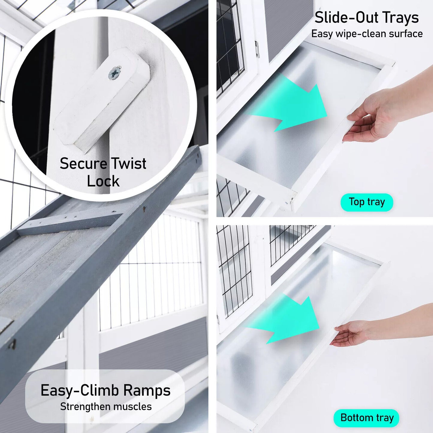 Rabbit Hutch Chicken Coop with Wheels 96.5 x 56 x 90.5cm 2 Storey Pet Cage Run HOPKINS