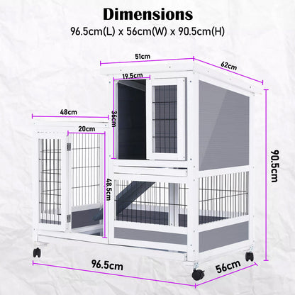 Rabbit Hutch Chicken Coop with Wheels 96.5 x 56 x 90.5cm 2 Storey Pet Cage Run HOPKINS