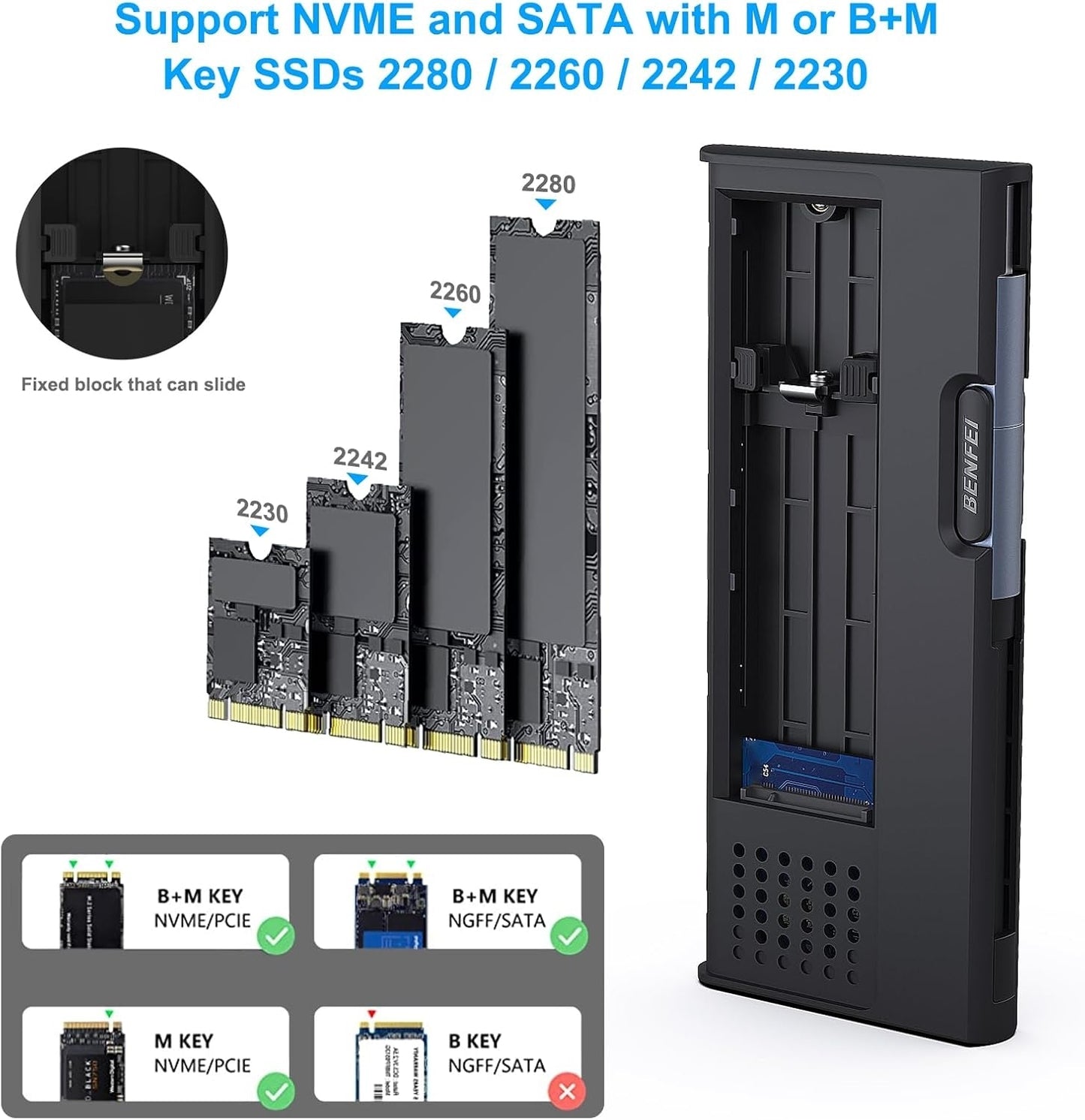 BENFEI 345GY M.2 NVME SATA SSD Enclosure, 10 Gbps USB Type-C/Type-A to NVME PCI-E SATA M-Key/(B+M)