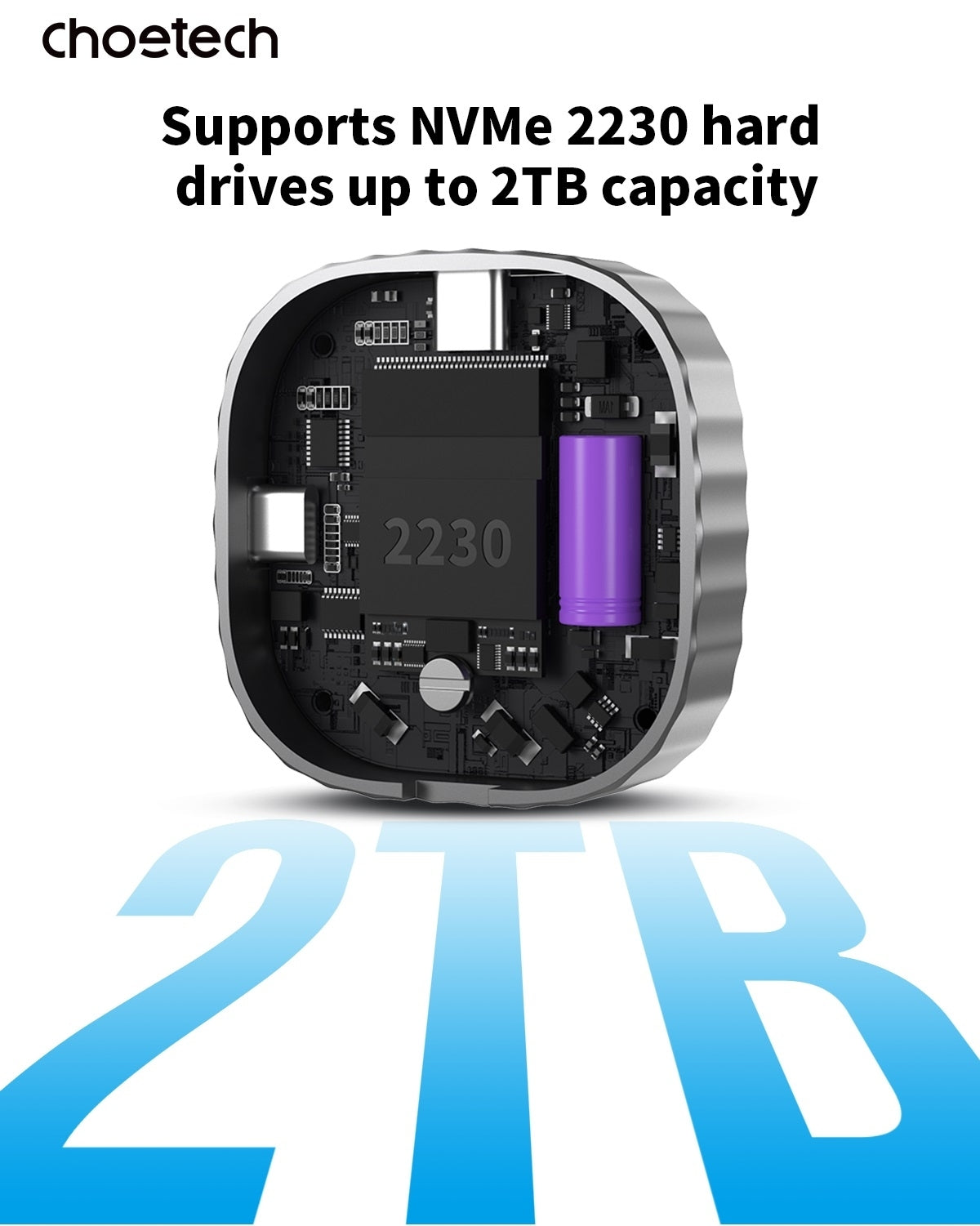 CHOETECH MSE001-GY Dual USB-C Port M.2 NVME 2230 Protocol SSD Enclosure with PD100W input Enclosure (Support 2TB Max)