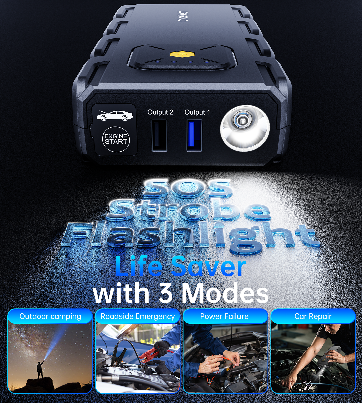 CHOETECH TC0009 16000mAh Portable Car Jump Starter with Emergency Light