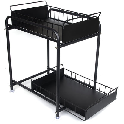 2 Tier Under Sink Storage Rack Kitchen Organizer Steel Frame with Removable Baskets & Suction Feet Black