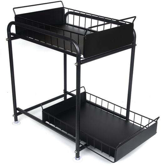 2 Tier Under Sink Storage Rack Kitchen Organizer Steel Frame with Removable Baskets & Suction Feet Black