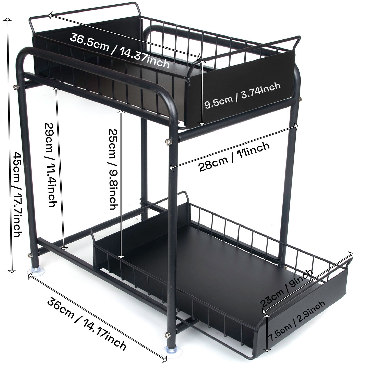 2 Tier Under Sink Storage Rack Kitchen Organizer Steel Frame with Removable Baskets & Suction Feet Black