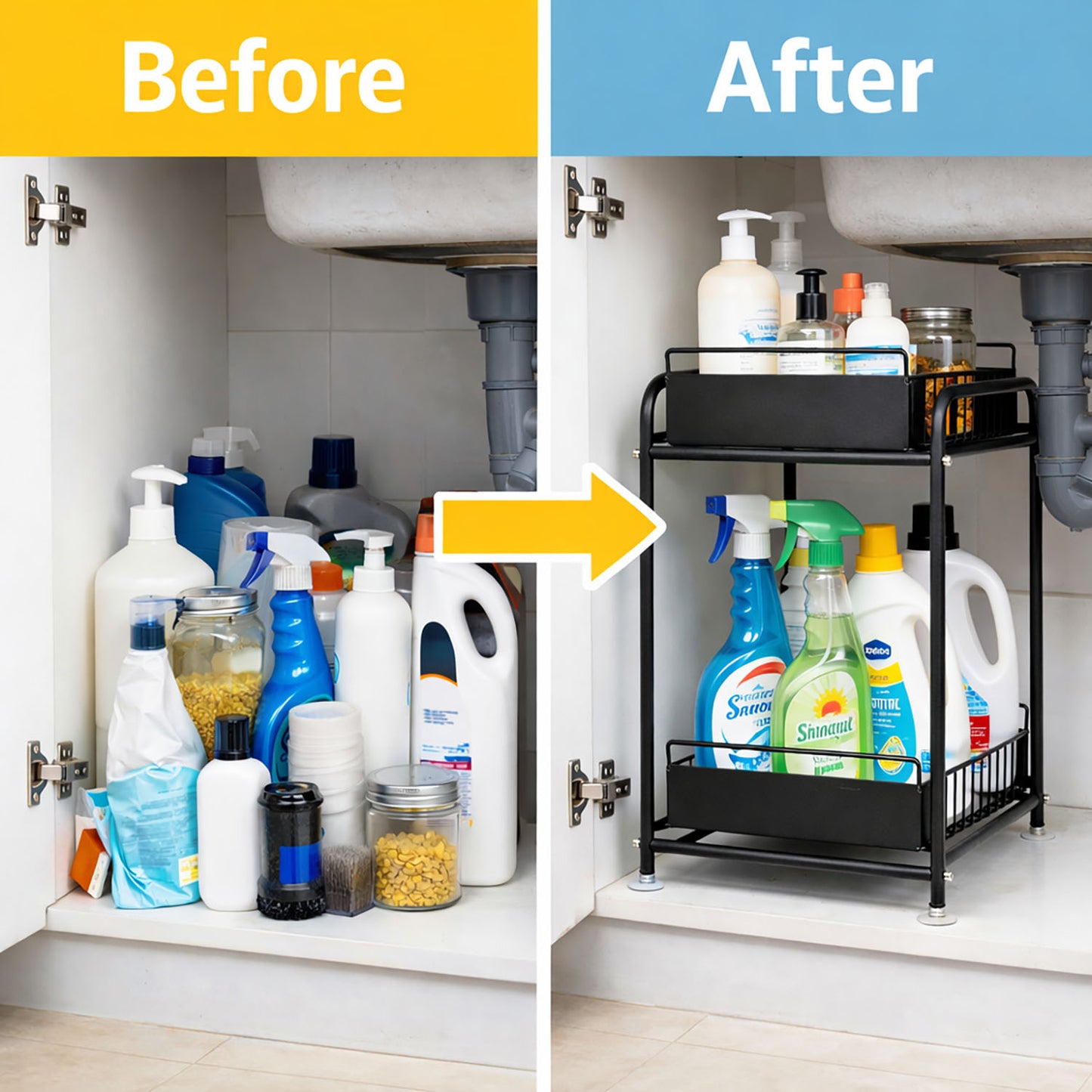 2 Tier Under Sink Storage Rack Kitchen Organizer Steel Frame with Removable Baskets & Suction Feet Black