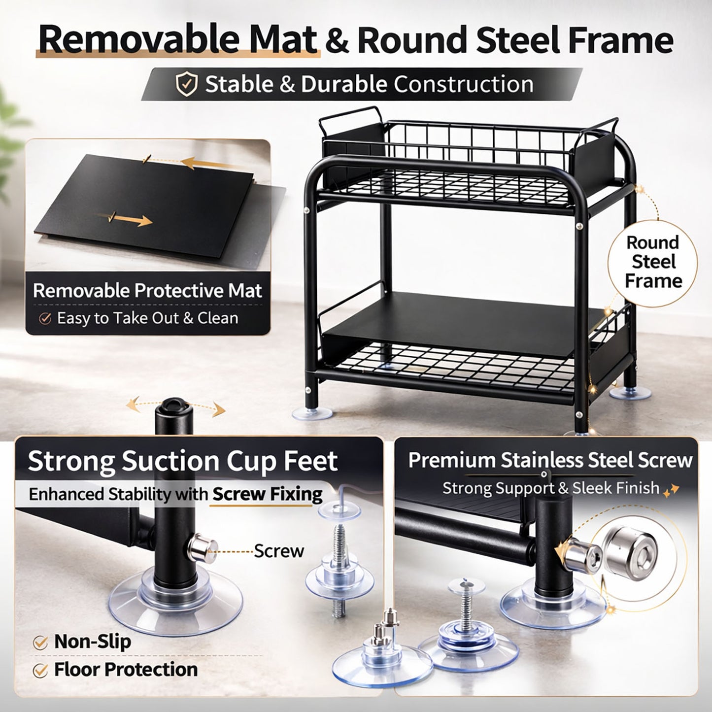 2 Tier Under Sink Storage Rack Kitchen Organizer Steel Frame with Removable Baskets & Suction Feet Black