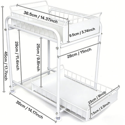 2 Tier Under Sink Storage Rack Kitchen Organizer Steel Frame with Removable Baskets & Suction Feet White