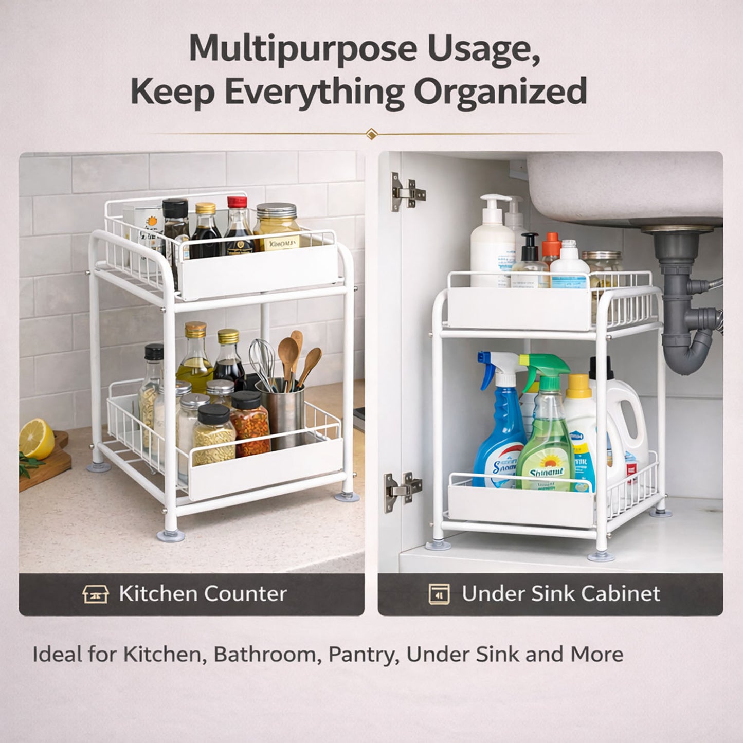 2 Tier Under Sink Storage Rack Kitchen Organizer Steel Frame with Removable Baskets & Suction Feet White
