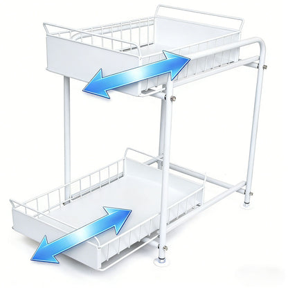 2 Tier Under Sink Storage Rack Kitchen Organizer Steel Frame with Removable Baskets & Suction Feet White