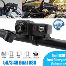Load image into Gallery viewer, Motorcycle Handlebar Waterproof Dual USB Phone Charger Cigarette Lighter Socket
