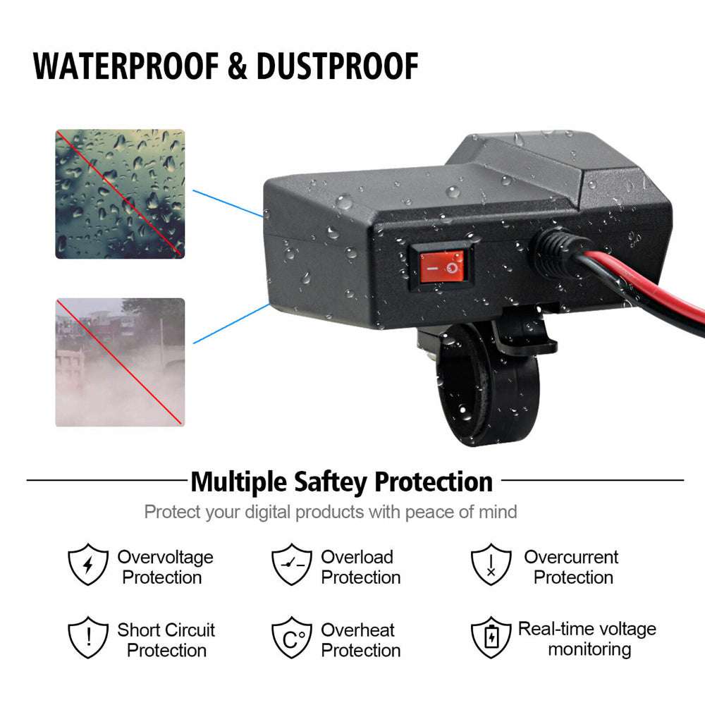 Motorcycle Handlebar Waterproof Dual USB Phone Charger Cigarette Lighter Socket