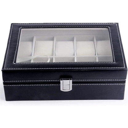 Leather Watch Jewelry Display Storage Holder Case 10 Grids Box Organizer