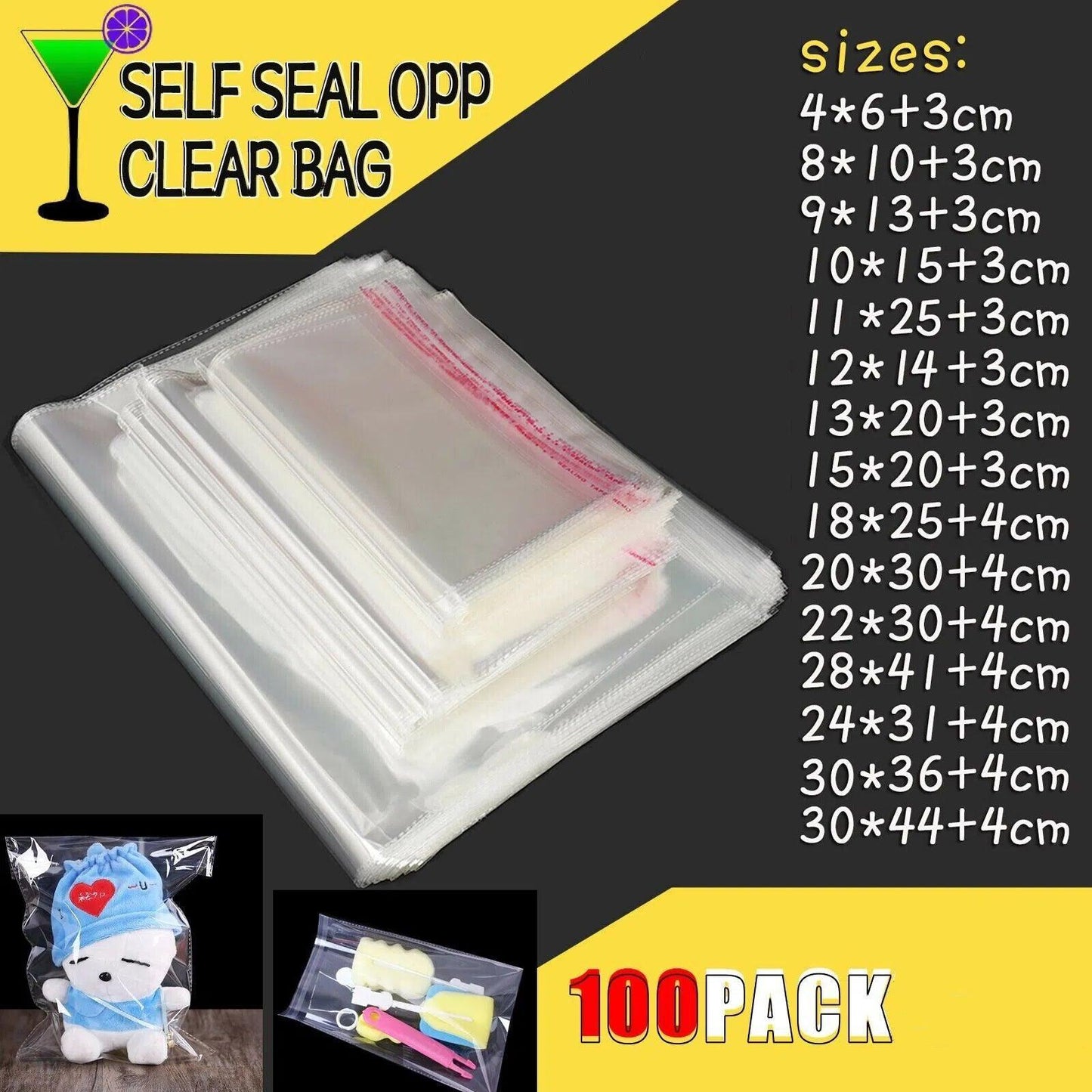 Multi-size Clear Self-Seal Cellophane Bags - Bulk Adhesive Opp - 30*44+4