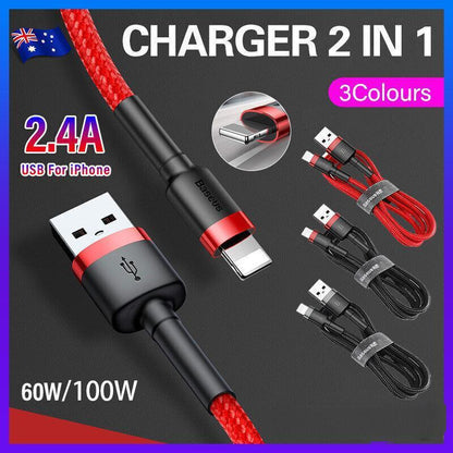 Baseus USB Charging Cable Data Charger Cord For iPhone 13 12 11 XS XR 8 7 iPad 1PC 1M - Red+ Red
