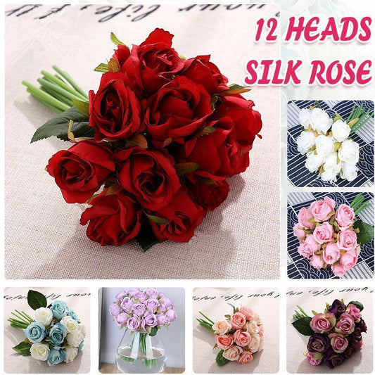 12 Heads Silk Rose Artificial Flowers Fake Bouquet - Purple
