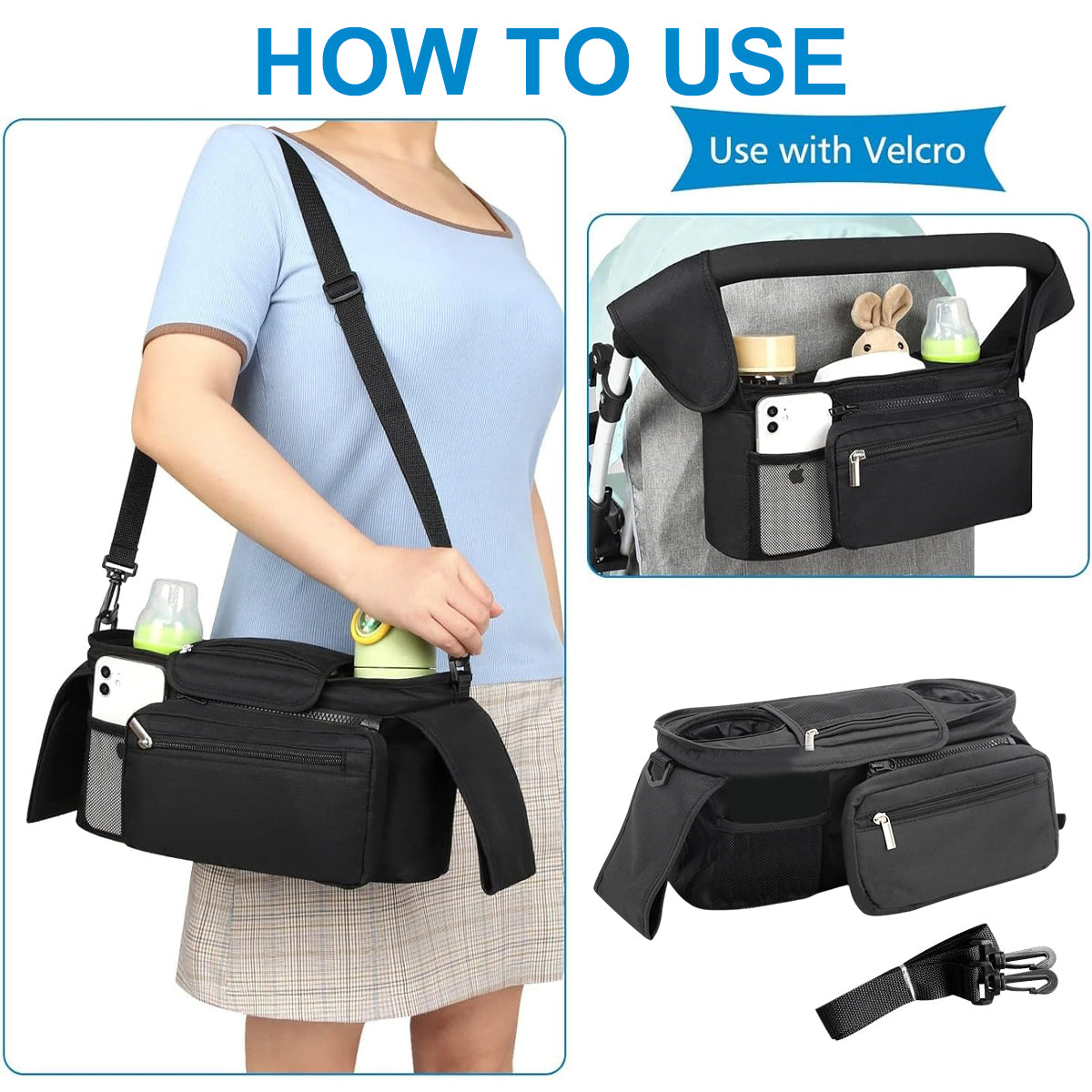 Universal Stroller Organizer Bag Trolley Storage with Multi Pockets and Cup Holders