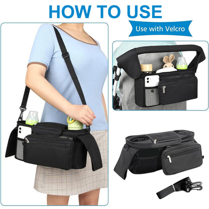 Universal Stroller Organizer Bag Trolley Storage with Multi Pockets and Cup Holders