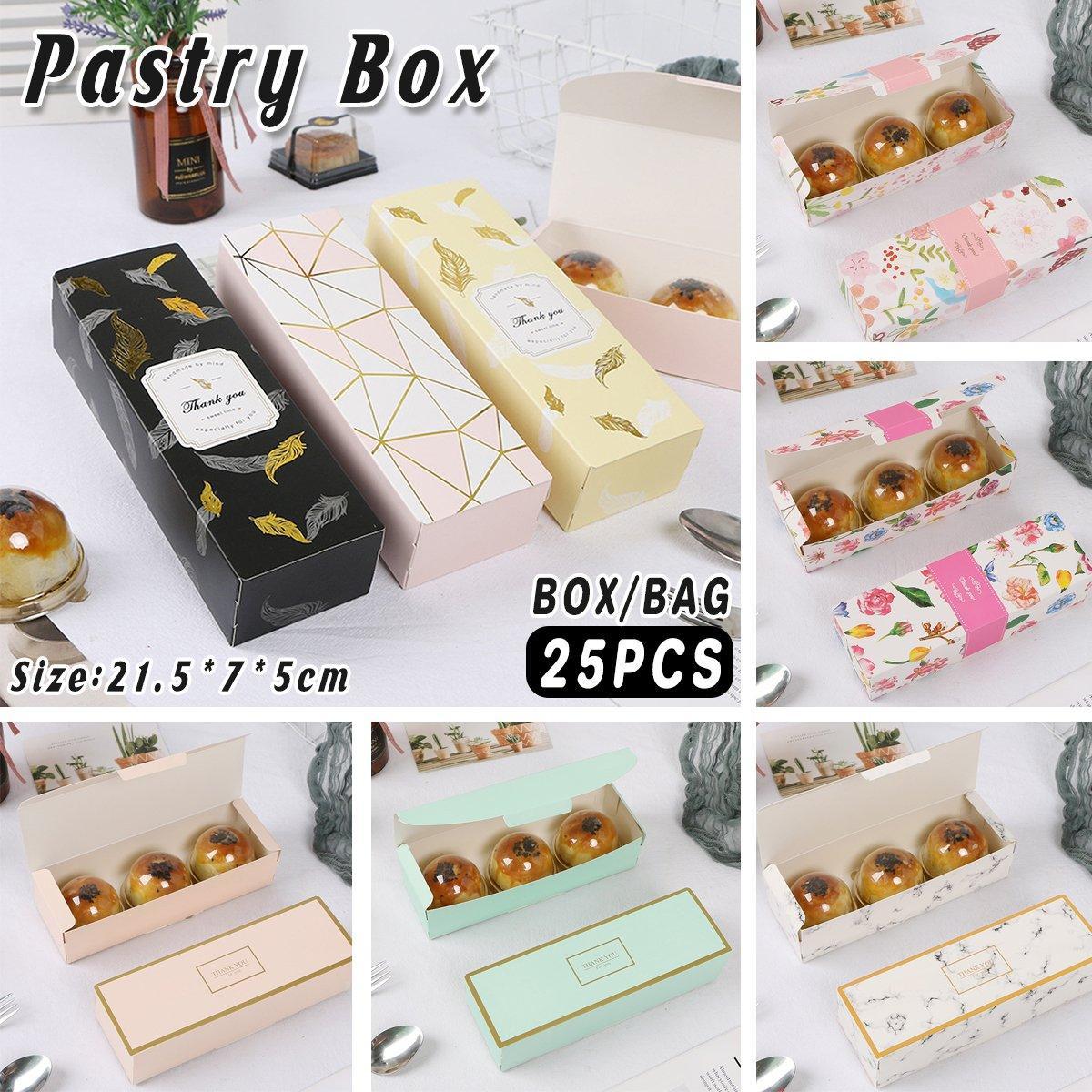 25pcs Long Strip Clamshell Packaging Box 3-Compartment Dessert Storage Box - Transparent Bag
