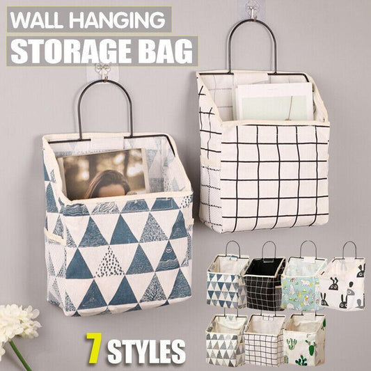 Wall Hanging Storage Bag Home Wardrobe Organiser Pouch Book Holder Phone Pocket - Black Grid