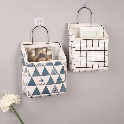 Wall Hanging Storage Bag Home Wardrobe Organiser Pouch Book Holder Phone Pocket - Black Grid