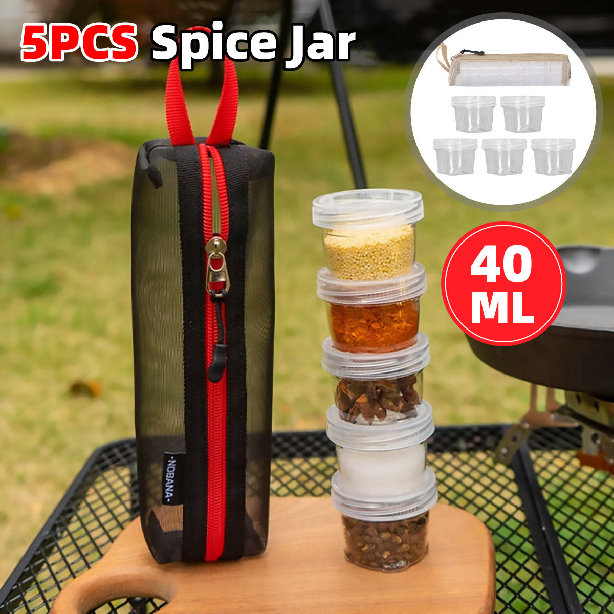 5PCS Outdoor Camping Spice Container Set Travel BBQ Seasoning Storage Box Use - Black