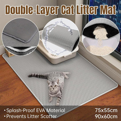Large Double Layer Litter Mat Waterproof Non Slip Cat Trapping Pad Easy to Clean - 90x60cm