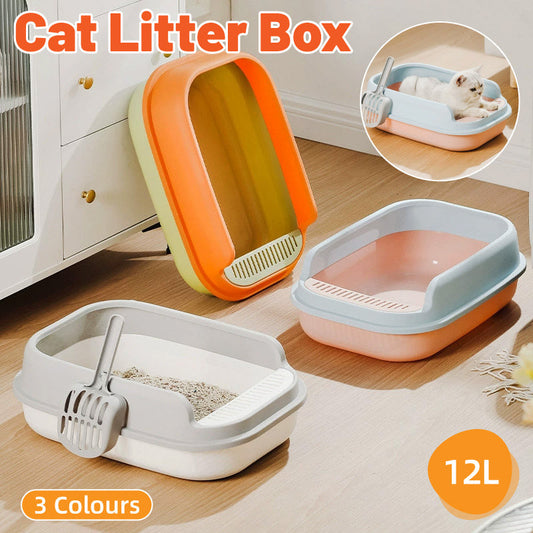 12L Semi Enclosed Large Cat Litter Box with Delivery Shovel Easy Clean Toilet - White-Grey
